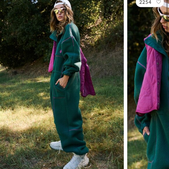 Free People Pants - Free People Teal Green Fleece Jumpsuit with Magenta Lining